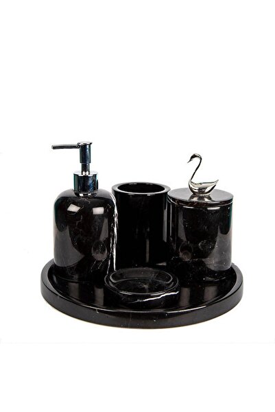 ege gross Dekoratif Siyah Mermer Gümüş Kuş Kuğu Detaylı 5'li Banyo Seti Takımı
