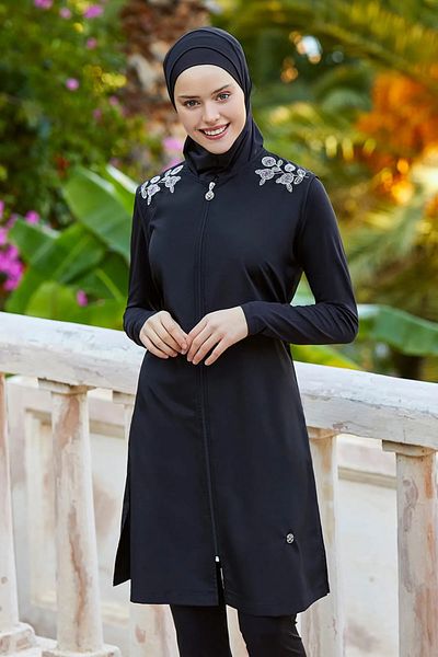 Bordomix 0544 Women's Black Shoulder Flower Detailed Zippered Hijab Swimsuit