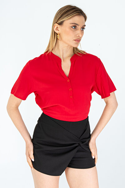 Nuevo Kadın Yarım Kol Viskon Yarım Patlı Kırmızı Gömlek