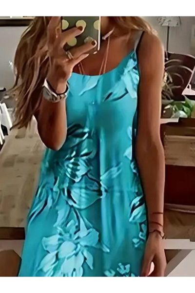modaserdem Women's Strappy Round Neck Skirt Wide Cut Patterned Single Jersey Dress