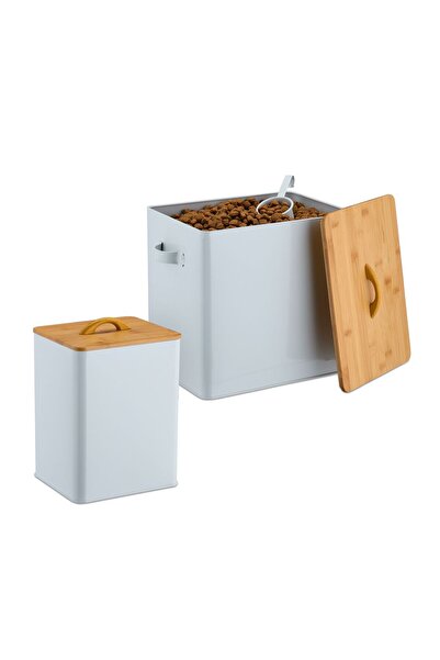 Relaxdays Set de 2 recipiente pentru hrană pentru animale/diverse, capac din bambus, 5,5 l și 13,5 l, fier