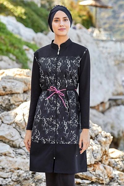 Bordomix 2216 Women's Black Printed Adjustable Waist Hijab Swimsuit