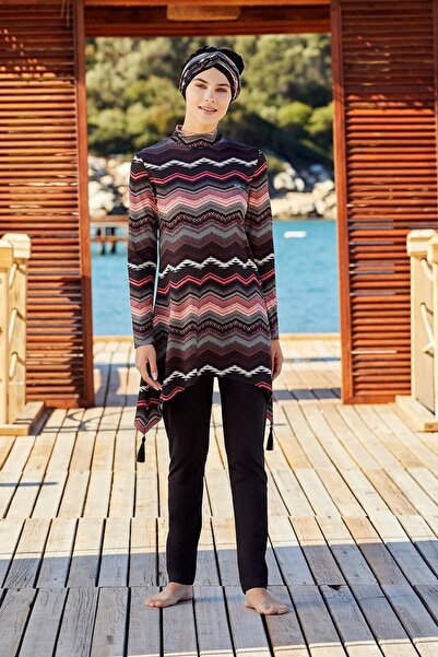 Bordomix 4270 Women's Black Patterned Tasseled Hijab Swimsuit