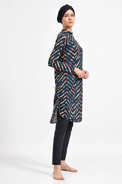 Bordomix 4306 Black Patterned Hijab Swimsuit with Adjustable Hem