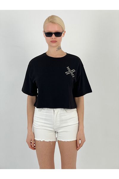 Miss Poem Women's Black T-Shirt with Stones on the Chest