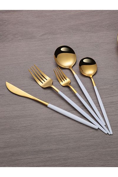 BRE HOME 6Pcs Stainless Steel Gold White Handle Round Mouth Dinner Fork