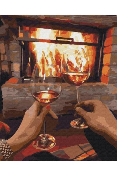 Pastelya Sayılarla Boyama Seti Çerçeveli Kasnaklı Şöminede Şarap Keyfi 40x50 cm