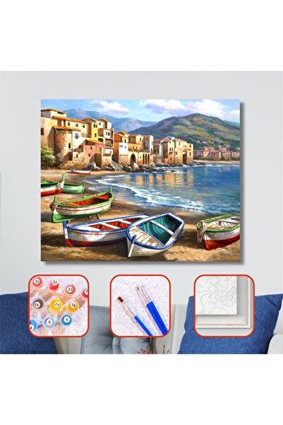 Pastelya Sayılarla Boyama Seti Çerçeveli Kasnaklı Renkli Kayıklar 60x75 cm