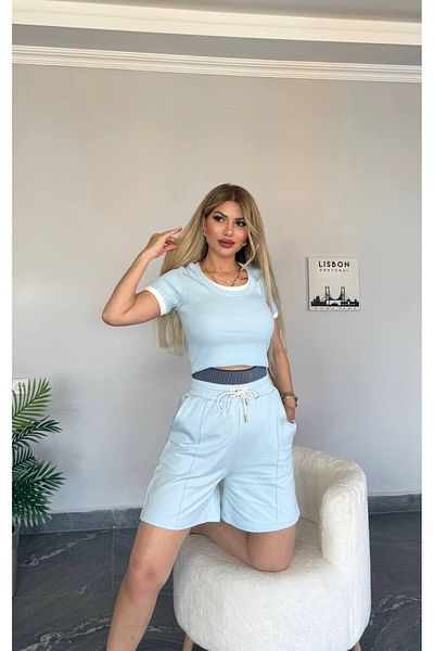 bonibon butikk Women's New Season Top Double Look Camisole Fabric Shorts High Waist Set