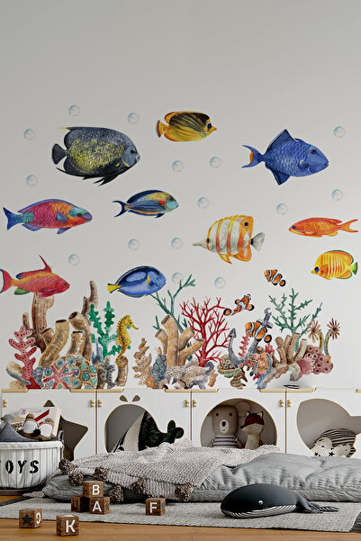 KT Decor Set de autocolante de perete pentru camera copiilor, lumina subacvatică, pești de culoare pastel