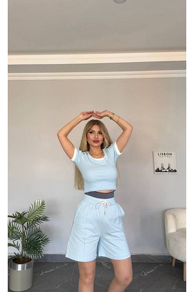 bonibon butikk Women's New Season Top Double Look Camisole Fabric Shorts High Waist Set