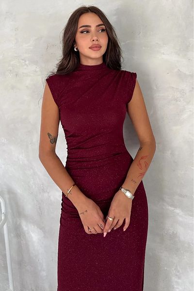 MODAMİNEM Burgundy Glitter Detailed Draped Evening Dress