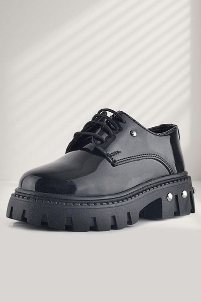 Rakerplus Black Patent Leather Laced Metal Detailed Girls' Oxford Casual Shoes