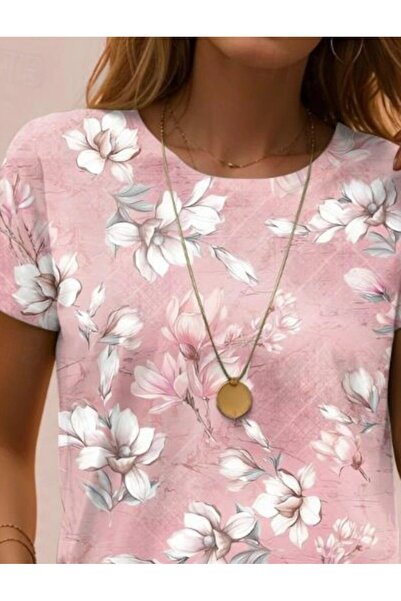 1001moda Nnstartshopping Γυναικεία μπλούζα με κοντό μανίκι με λαιμόκοψη με λουλουδάτο σχέδιο από βισκόζη