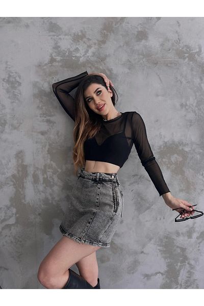 LOBOLIC Women's Slit Detailed Denim Shorts Skirt