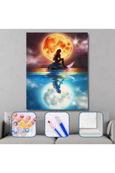 Pastelya Sayılarla Boyama Seti Çerçeveli Kasnaklı Deniz Kızı Yansıması 60x75 cm