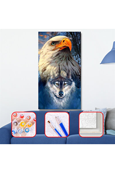 Pastelya Sayılarla Boyama Seti Çerçeveli Kasnaklı Kartal Ve Kurt 40x50 cm