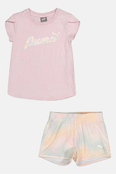 Puma Kids Girl 2pcs Jersey Short Sleeve Tee And Tricot Short Set, Multicolor