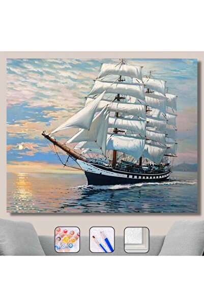 Pastelya Sayılarla Boyama Seti Çerçeveli Kasnaklı Yelkenli Gemi 60x75 cm