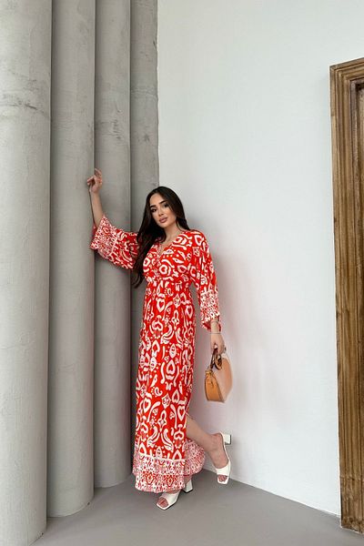 Mezka Women's Orange V Neck Elastic Waist Wide Sleeve Long Cotton Viscose Dress