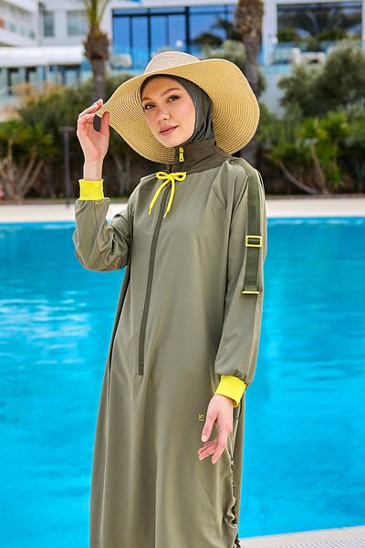 Marina Khaki Full Covered Hijab Swimsuit M2524 – Water Repellent, Cuffed Sleeves