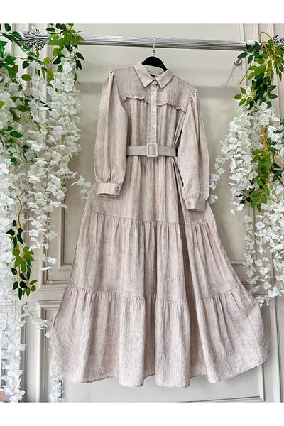 Viskosa Rochie cămașă cu mânecă lungă cremă VISCOSA cu centură - Design elegant cu detaliu de fustă, rochie cu decor floral