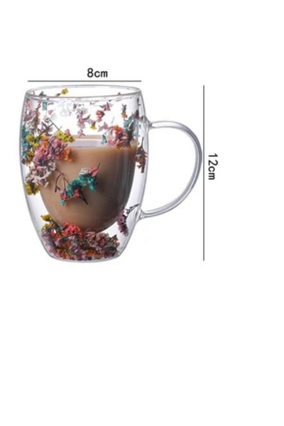 Generic Pyrex Glass Cup Two-Layer Transparent Decorated With Dried Flowers On The Inside With A Handle,300ML