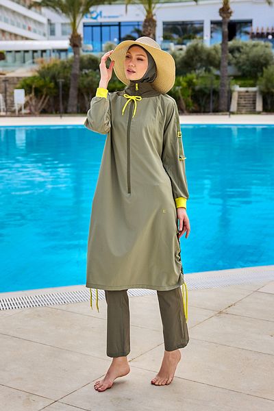 Marina Khaki Full Covered Hijab Swimsuit M2524 – Water Repellent, Cuffed Sleeves