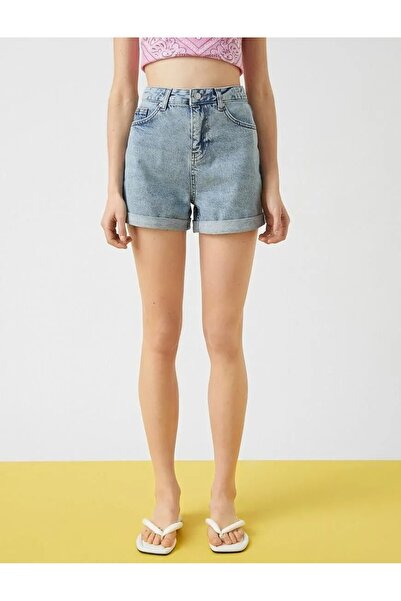 TugsatTasarTekstil Kadın Açık Mavi Kot Şort Duble Paça Denim Likralı Toparlayıcı Premium