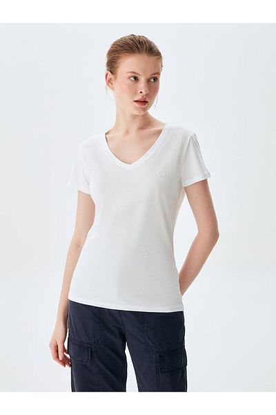 Ltb Tricou alb obișnuit cu mânecă scurtă de bază cu decolteu în V