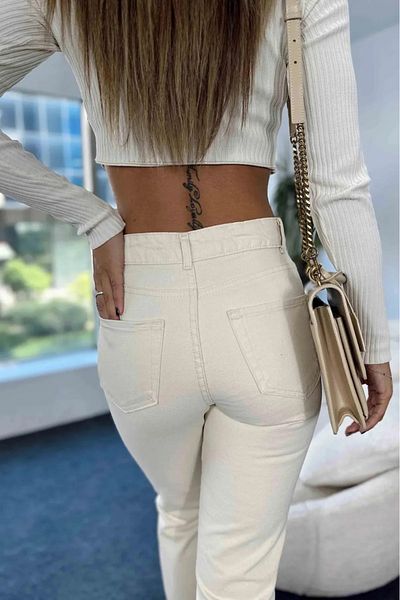 TugsatTasarTekstil Beige Cream High Waist Boyfriend Mom Jean Women's Jeans