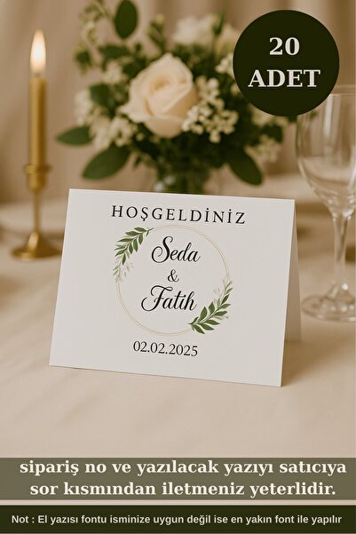Emtory Home Yeşil Çiçekli 20 Adet Masa Kartı - Nişan Masa Kartı - Düğün Masa ...
