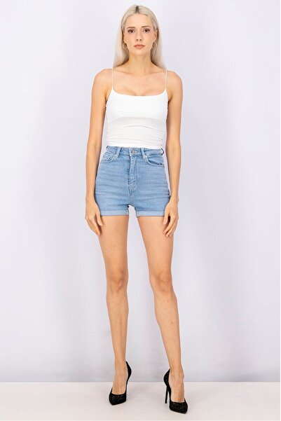 Cropp Women Plain High Rise Denim Shorts, Blue