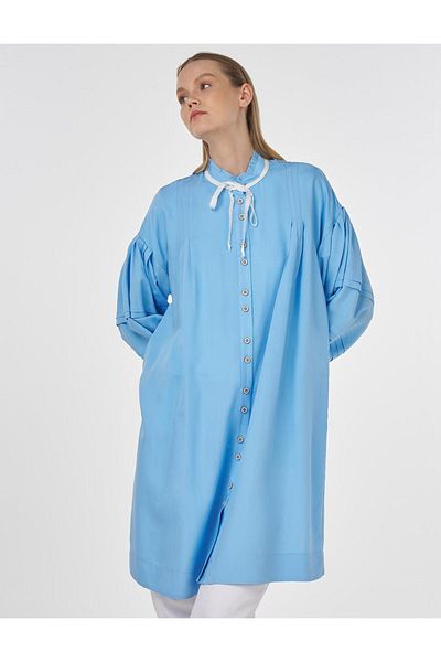 Kayra Ruffled Collar Ribbed Stitching Tunic Dust Smoke