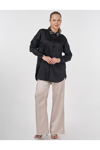 Kayra Embroidered Satin Tunic Black