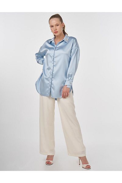 Kayra Embroidered Satin Tunic Blue