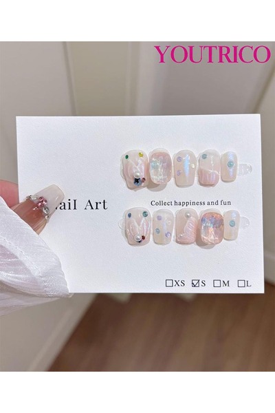 Youtrico أظافر صناعية صغيرة من اللوز على شكل عين قطة فرنسية حلوة، مصنوعة يدوي...