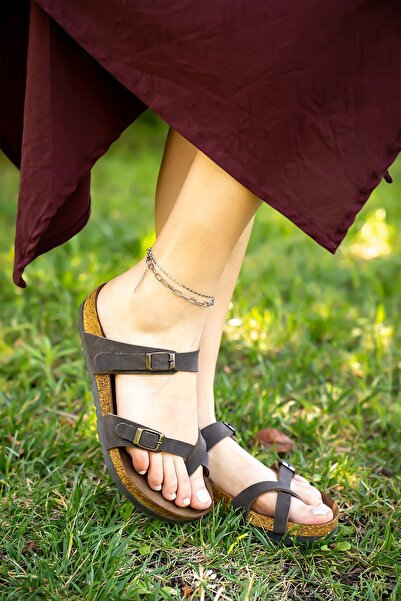 Shupe Кафяви ортопедични летни дамски чехли с двойна катарама, удобни джапанки