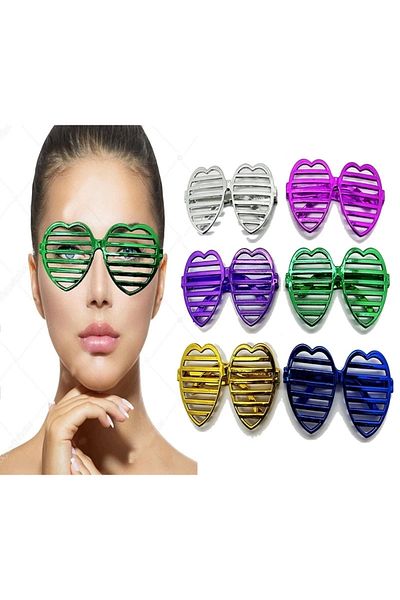 PRATİKOBA Metallized Extra Shiny Heart Shutter Party Glasses 6 Colors 6 Pieces