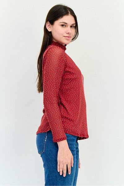 MY Collection بلوزة نسائية معدنية برقبة عالية وأكمام طويلة، لون أحمر