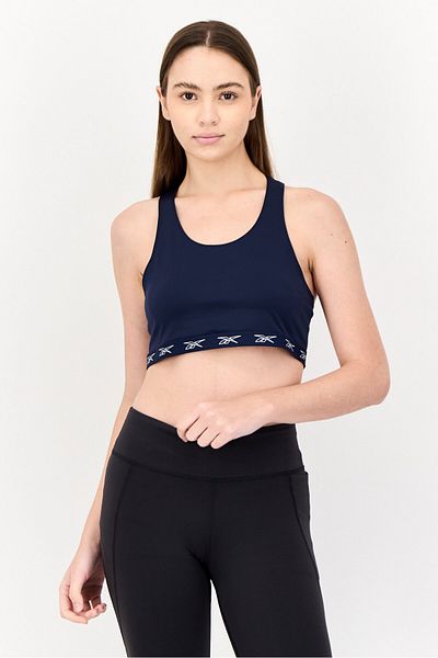 Reebok حمالة صدر رياضية نسائية غير مبطنة بشعار العلامة التجارية، لون أزرق داكن