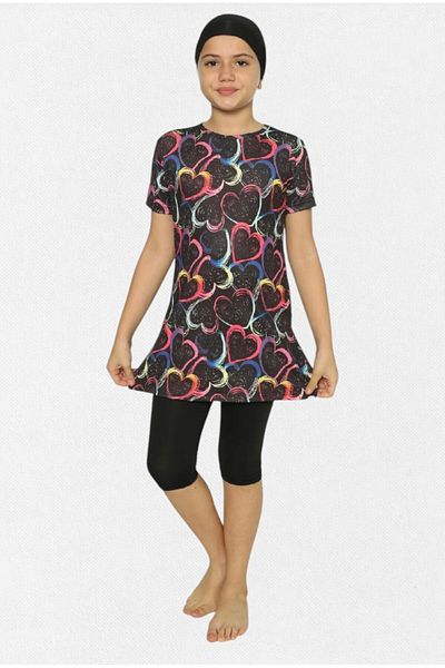 Fil Kids Girl's Swimsuit Short Sleeve Above Knee Length with Leggings Bonneted Black Quick Dry Close Woven Hearts Pattern