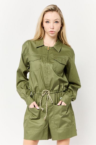 Scotch & Soda Women Plain Long Sleeves Playsuits, Olive