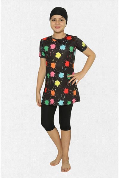 Fil Kids Children's Set Black Quick Dry Tight Woven Colorful Pattern Short Sleeve Knee Length Tights Bonneted