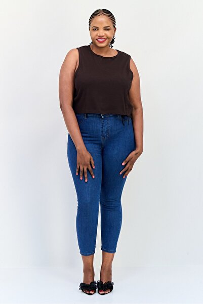 collusion Women Round Neck Sleeveless Ribbed Cropped Tank Top, Dark Brown