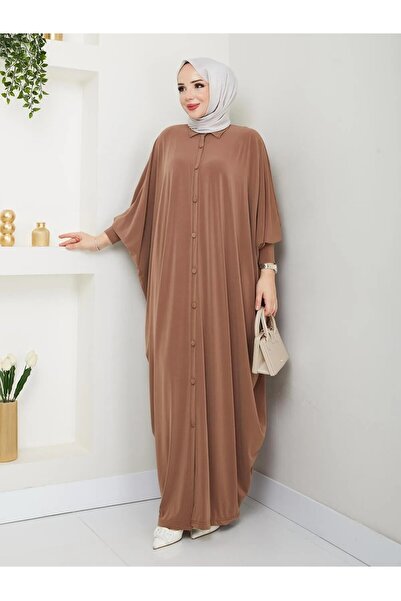 ECK MODA Women's Oversize Bat Sleeve Long Front Buttoned Lycra Sandy Fabric Necklace Detail Ferace