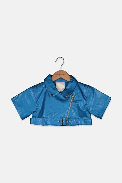 Fun & Fun بلوزة قصيرة من الجلد بحزام للبنات الصغار، أزرق كوبالت
