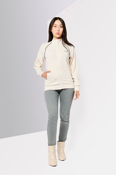 Guess Women High Neck Brand Logo Long Sleeves Sweatshirt, Light Beige