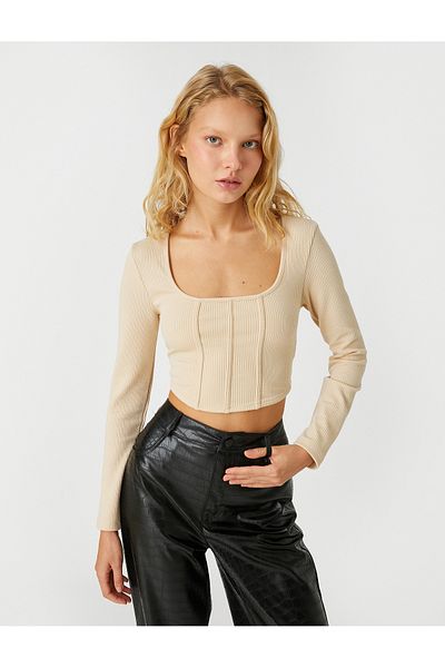 Koton Μακρυμάνικο T-shirt Crop Corset Λεπτομερής τετράγωνος λαιμός