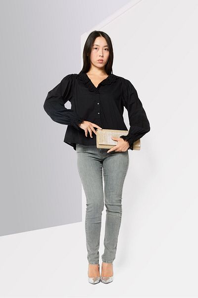 Scotch & Soda Women V-neck Eyelet Long Sleeve Blouse, Black